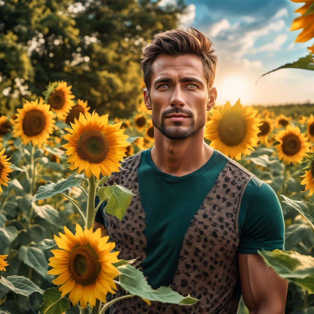 Handsome Man in Sunflower Field Portrait