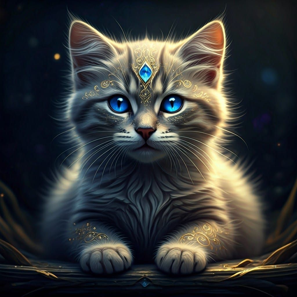 Regal Kitten-Dragon Hybrid in Dark, Mystical Realm