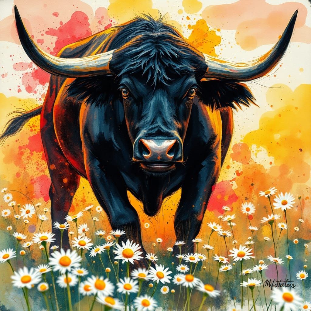 Furious Bull in Daisy Field: Abstract Expressionism