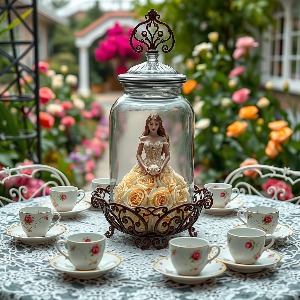 Miniature Woman on Wrought Iron Table in Victorian Garden
