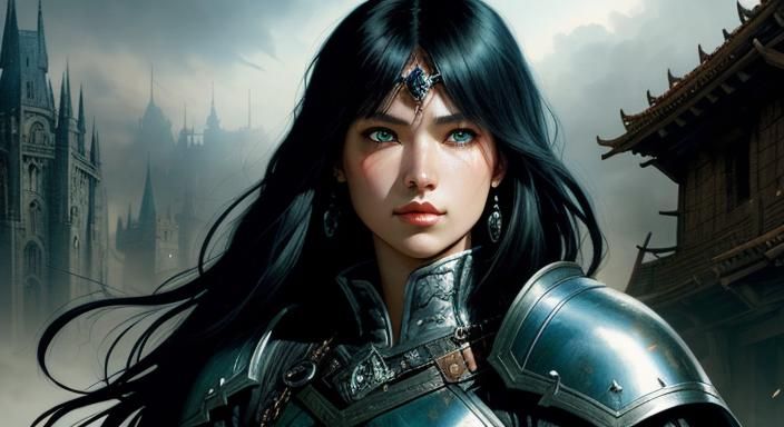 Medieval Dark Fantasy Woman Warrior on Battlefield