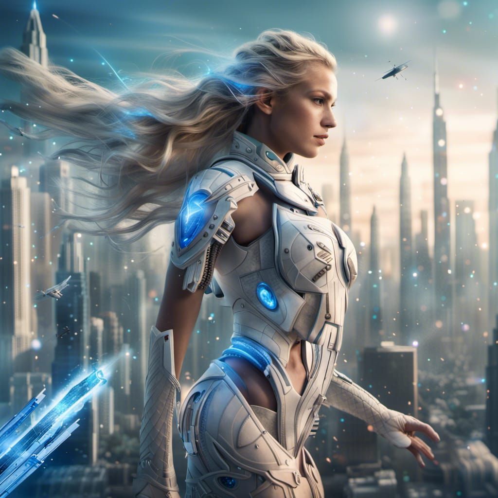 Pleiadian Warrior in Galactic Cityscape