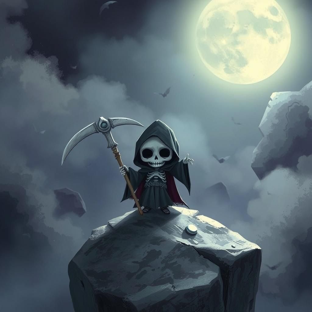 Miniature Grim Reaper in Ethereal Moonlit Scene