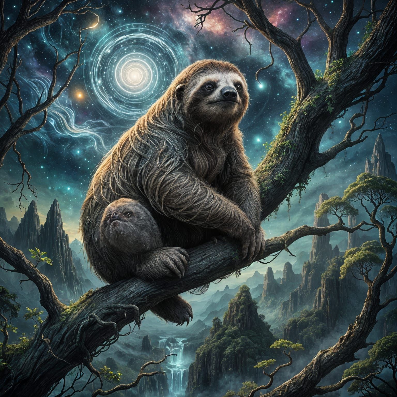 Fantastical Line Art: Sloth in Cosmic Abyss