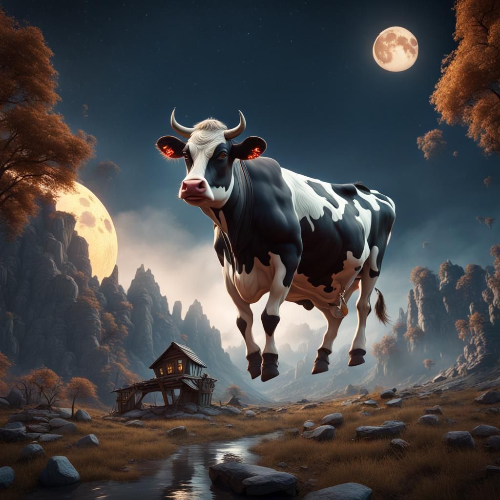 Cow Jumping Over Moon in Detailed Matte Painting