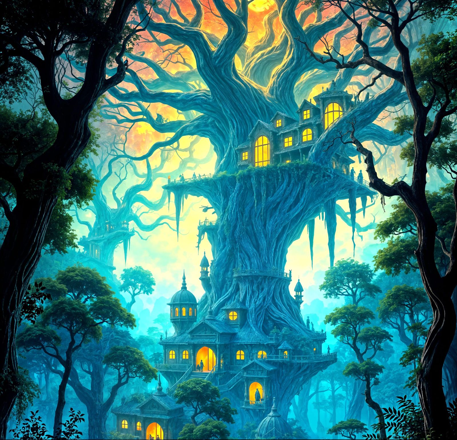 Ancient Treehouse Village in Bioluminescent Forest