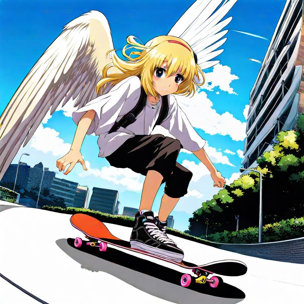 Anime Angel Shreds: Blonde Skateboarder in Flight