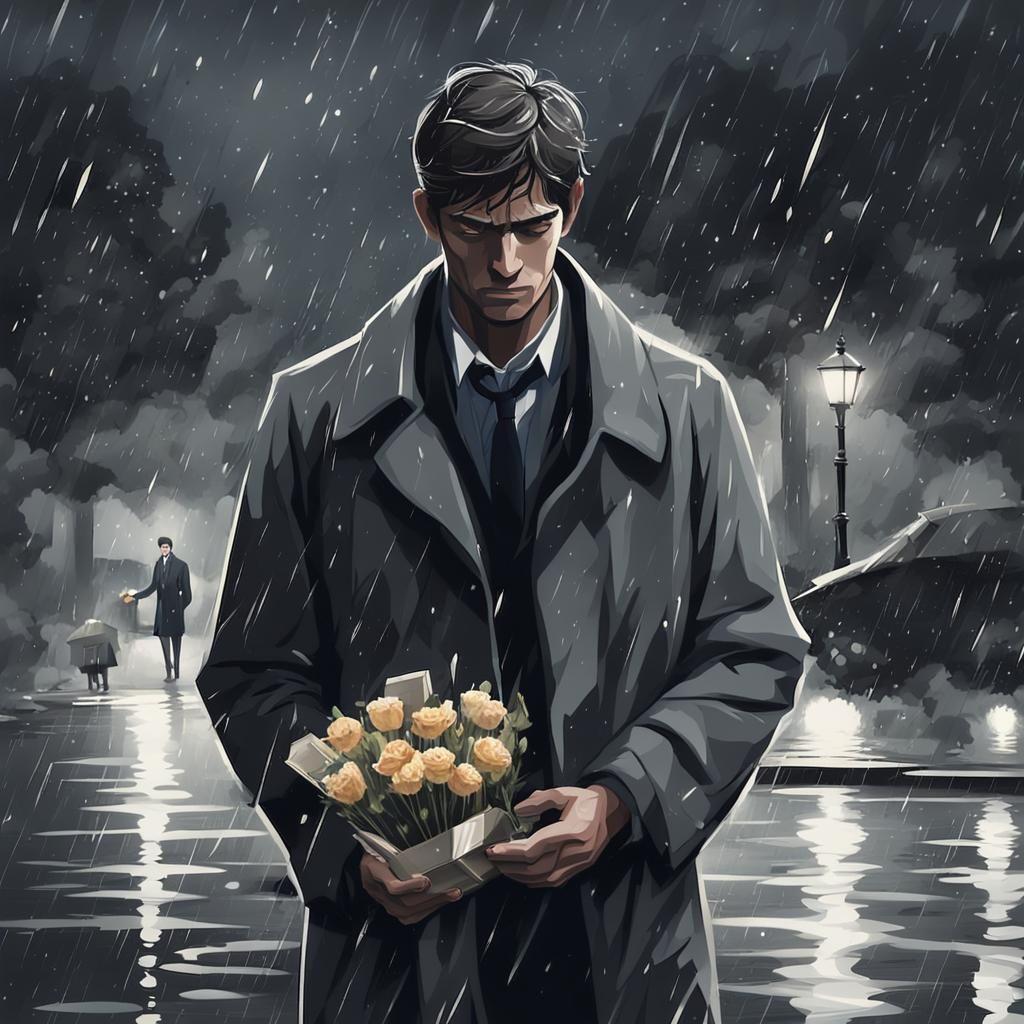 Sad Man Walks in Rainy Night with Flowers
