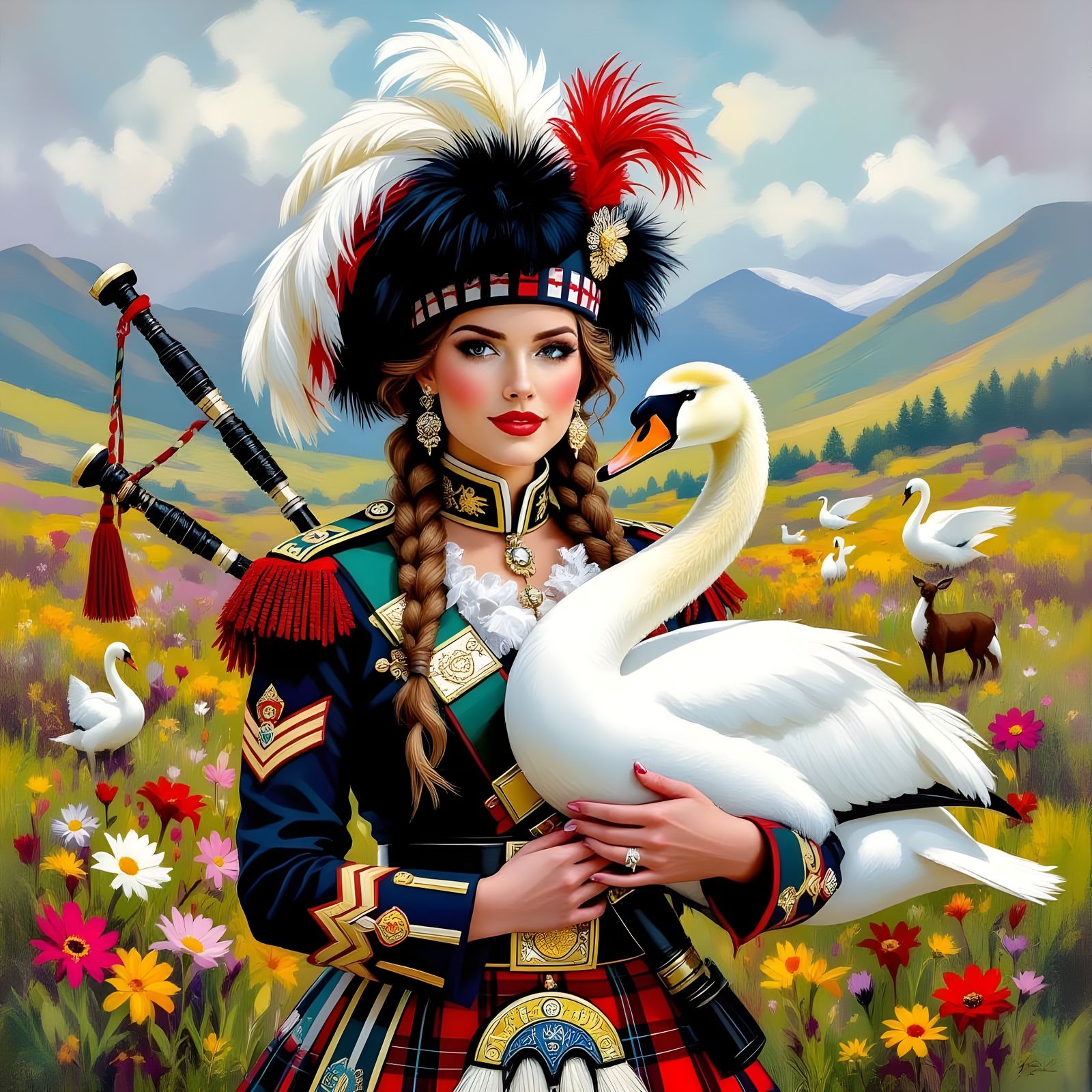 Surreal Highland Lass Plays Swan Bagpipe in Vibrant Moorland