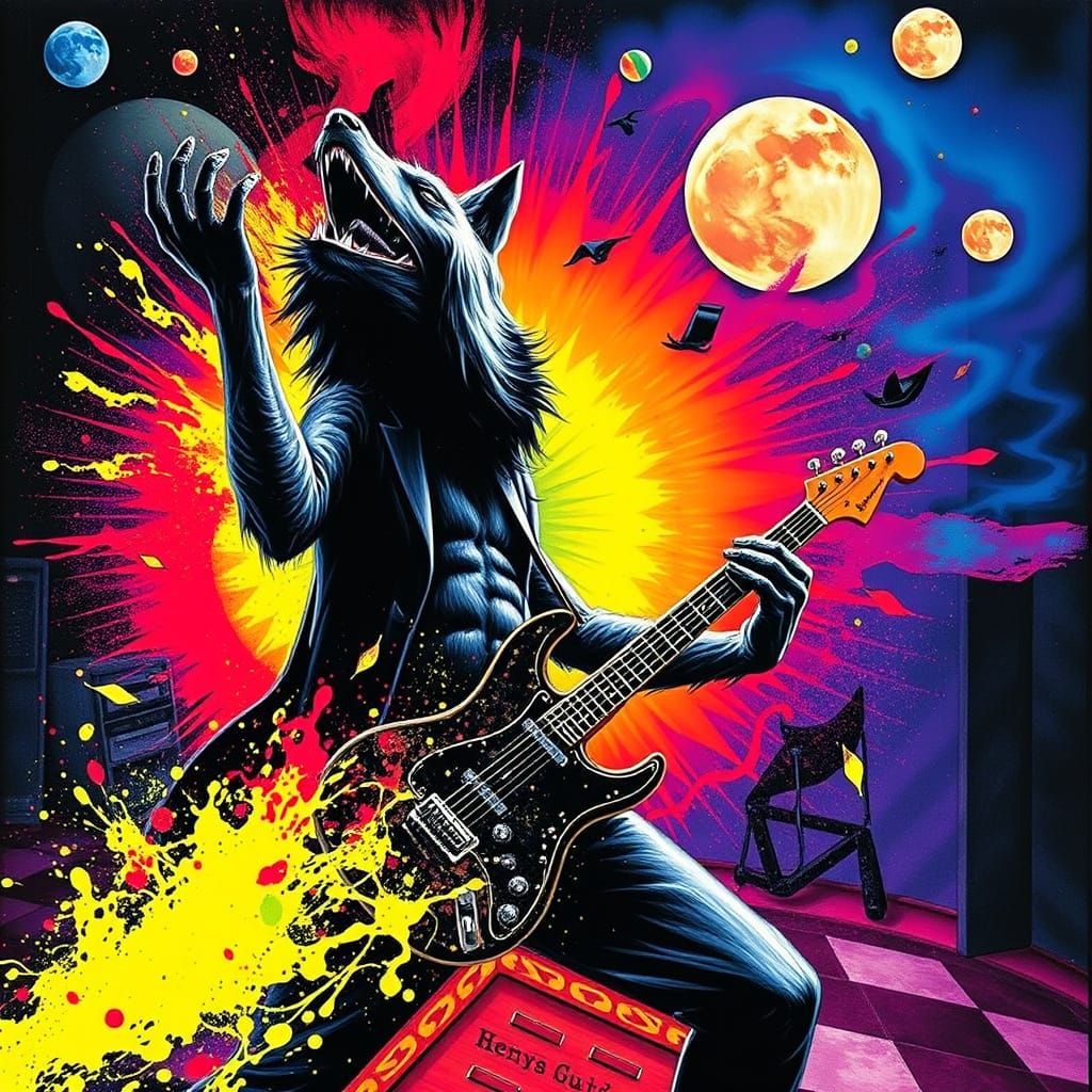Electric Moon Werewolf Performs Under Vibrant Cosmic Skies