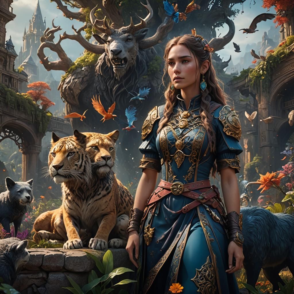 Fantastical Animal Lover Girl in Detailed Matte Painting