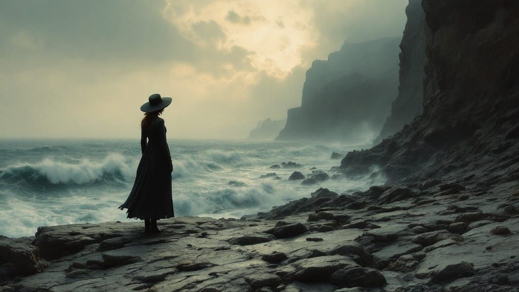 Mysterious Woman on a Windswept Coastline in a Haunting Roma...