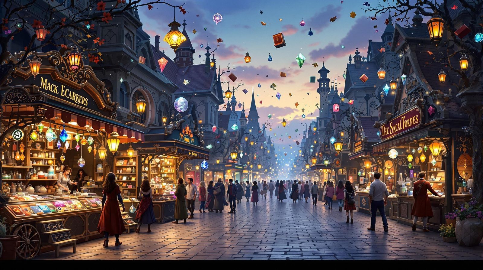 Whimsical Street Scene at Dusk in Vibrant Fantasy World