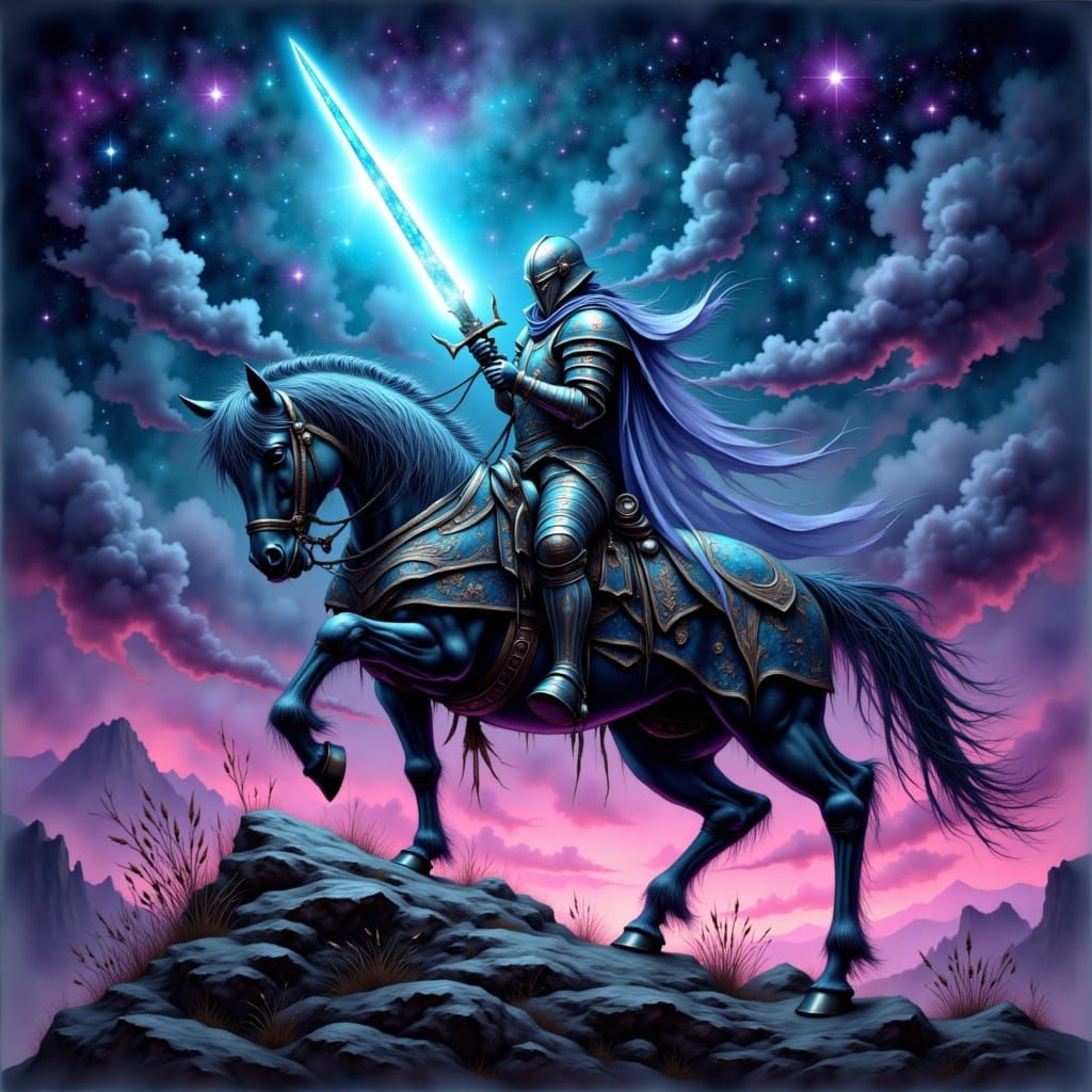 Armored Knight on Horseback in Dreamlike Illustration