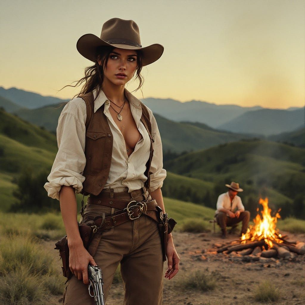 Frontier Woman Holds Gun on Cowboy in Sunset Glow