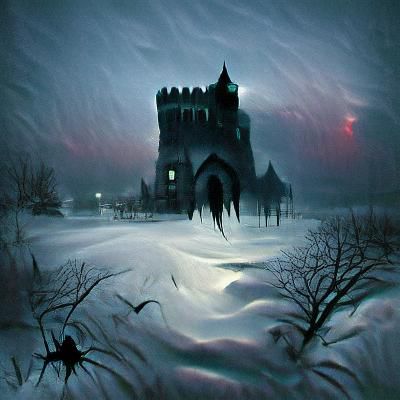 Eerie Gothic Castle in Snowy Winter Night