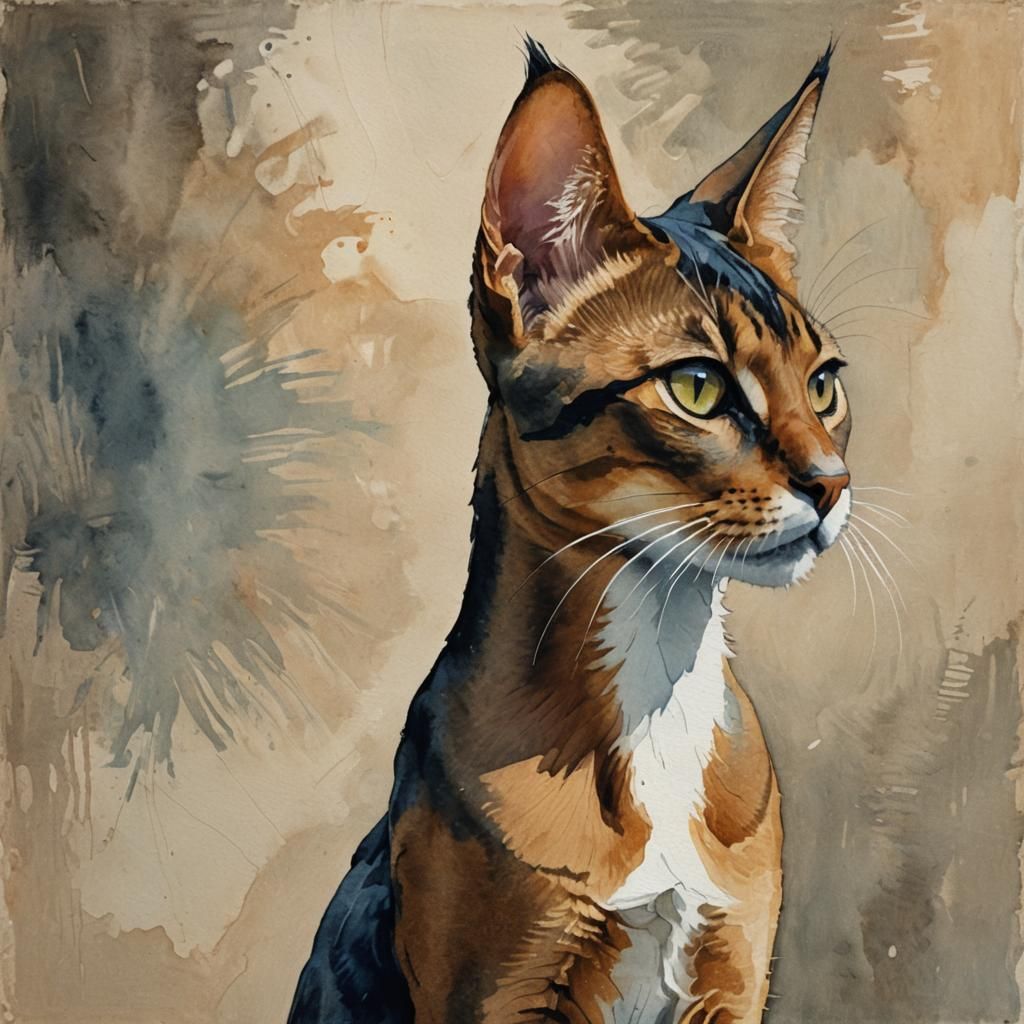 Abyssinian Cat and Woman in Gouache Style