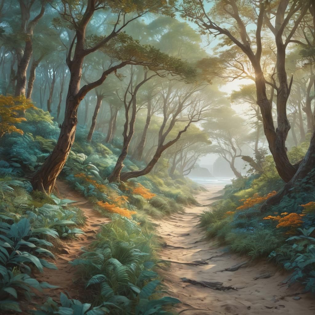 Watercolor Forest Trail Leading to a Serene Beach
