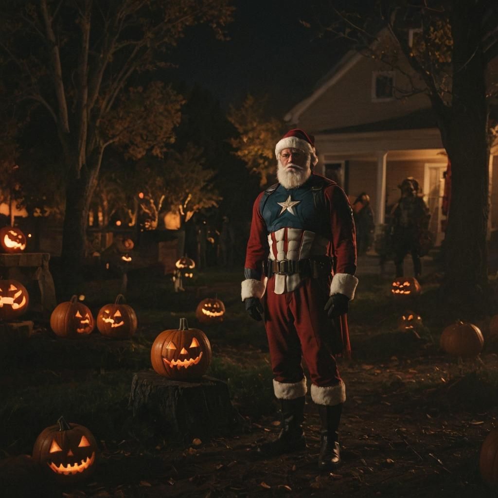 Santa Claus as Superhero in Halloween Horror Scene