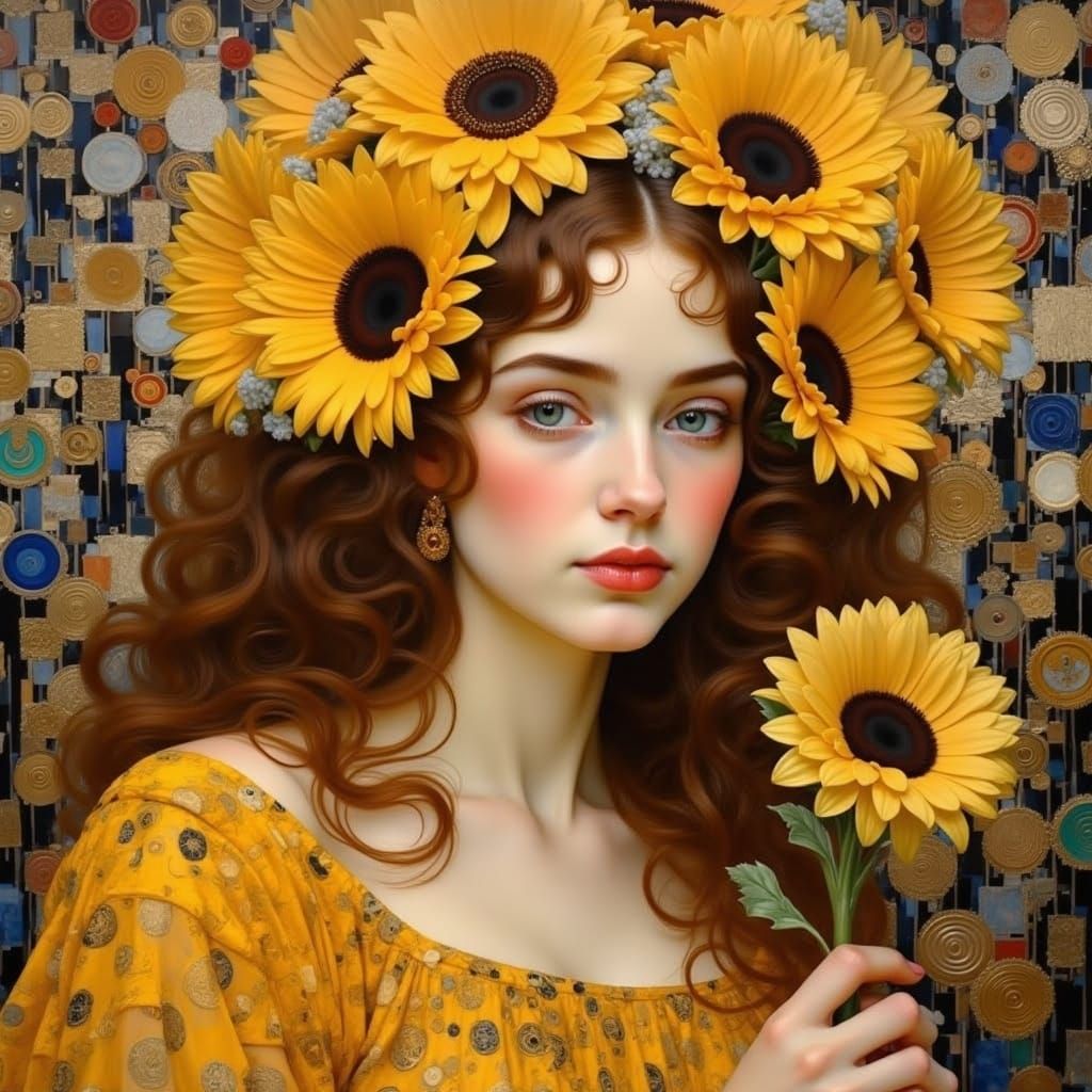 Girl with Sunflower in Klimt Style