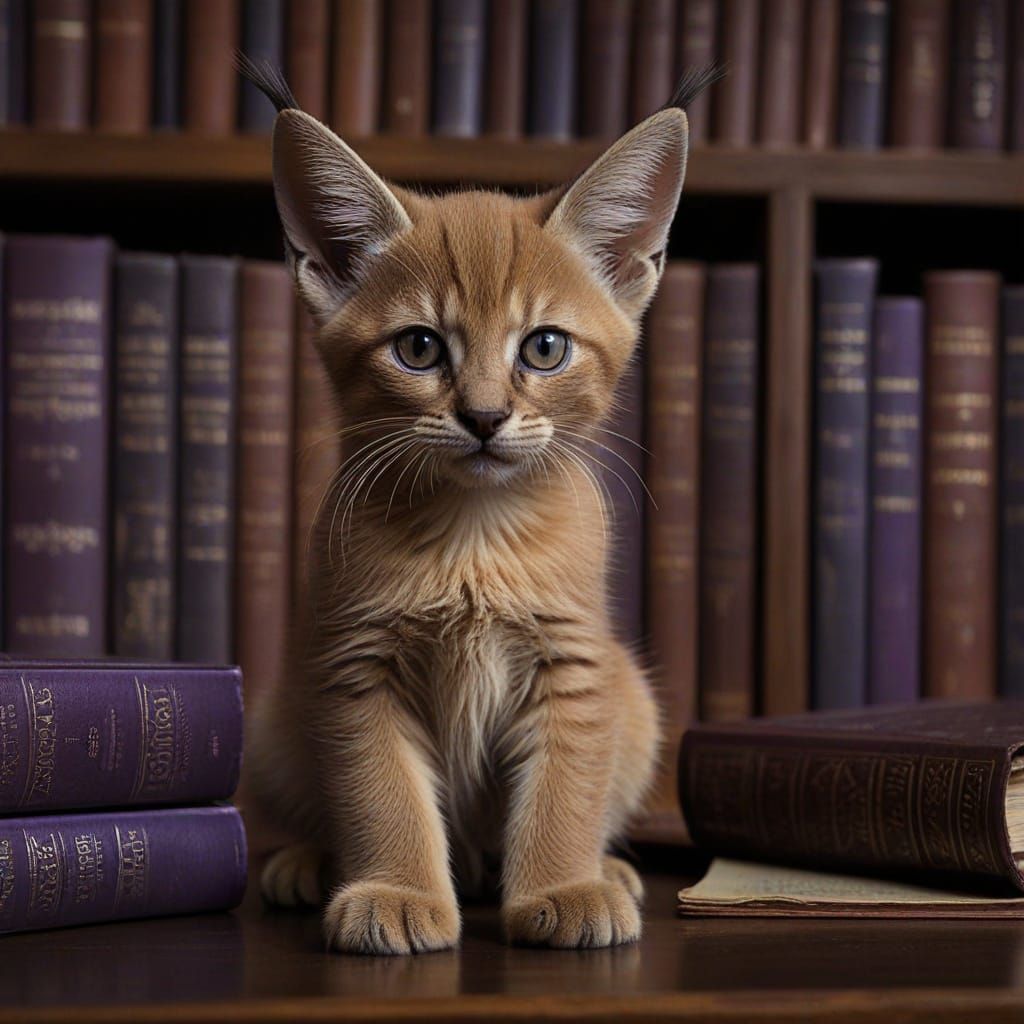 Caracal Kitten in Dark Academia with Bio-Mechanic Details