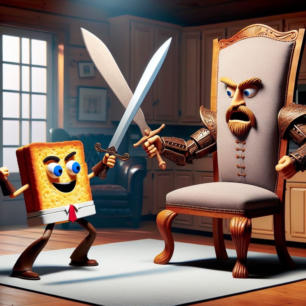 Vibrant Cartoon Table and Chair Engage in Epic Sword Fight i...