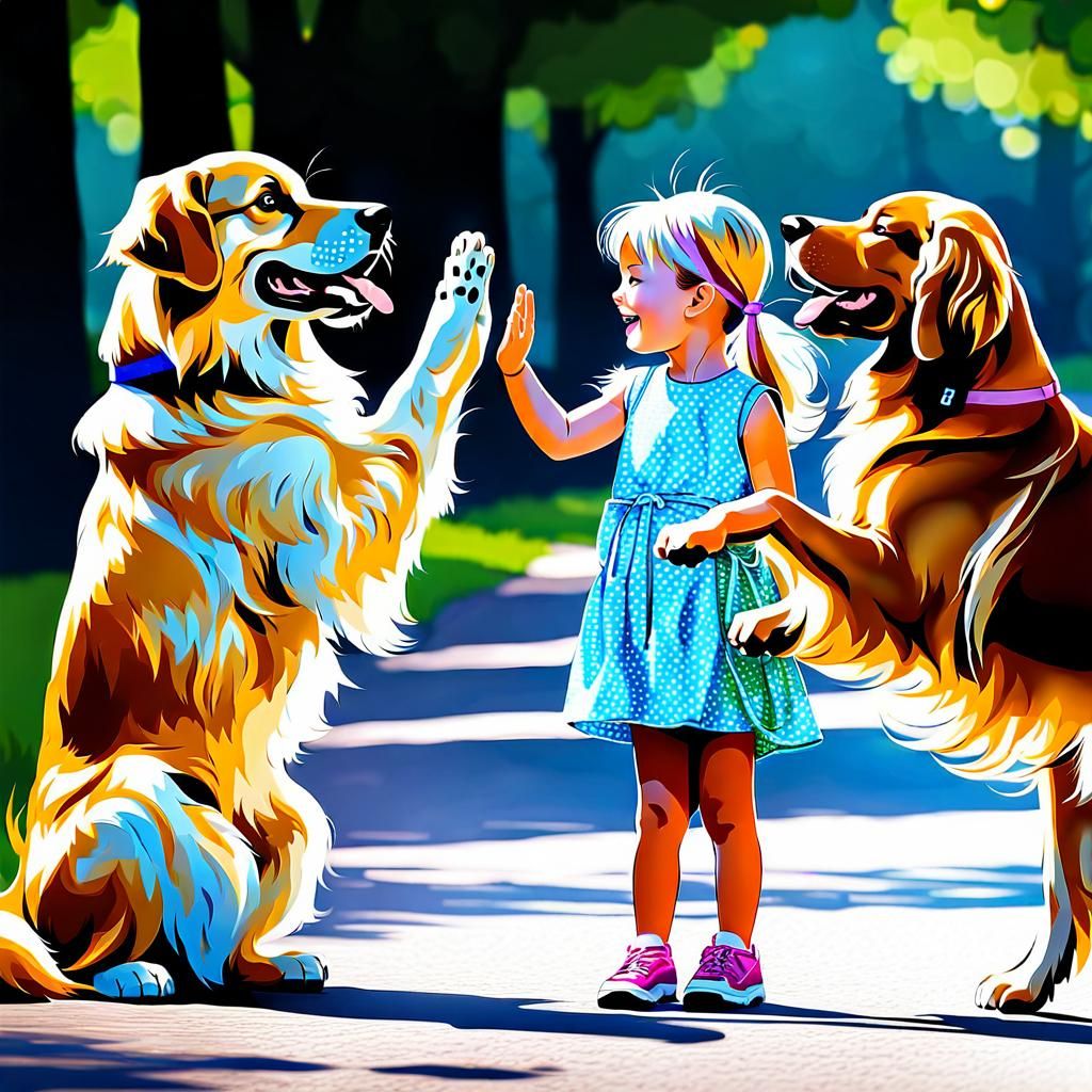 Girl and Golden Retriever High Five