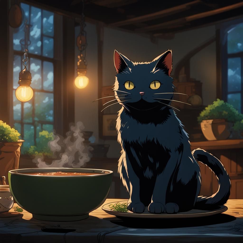 Anime Cat Licking Soup, Ghibli Style