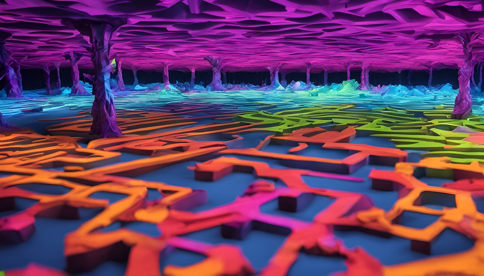 Colorful Origami Brain Beings in Fungal Labyrinth