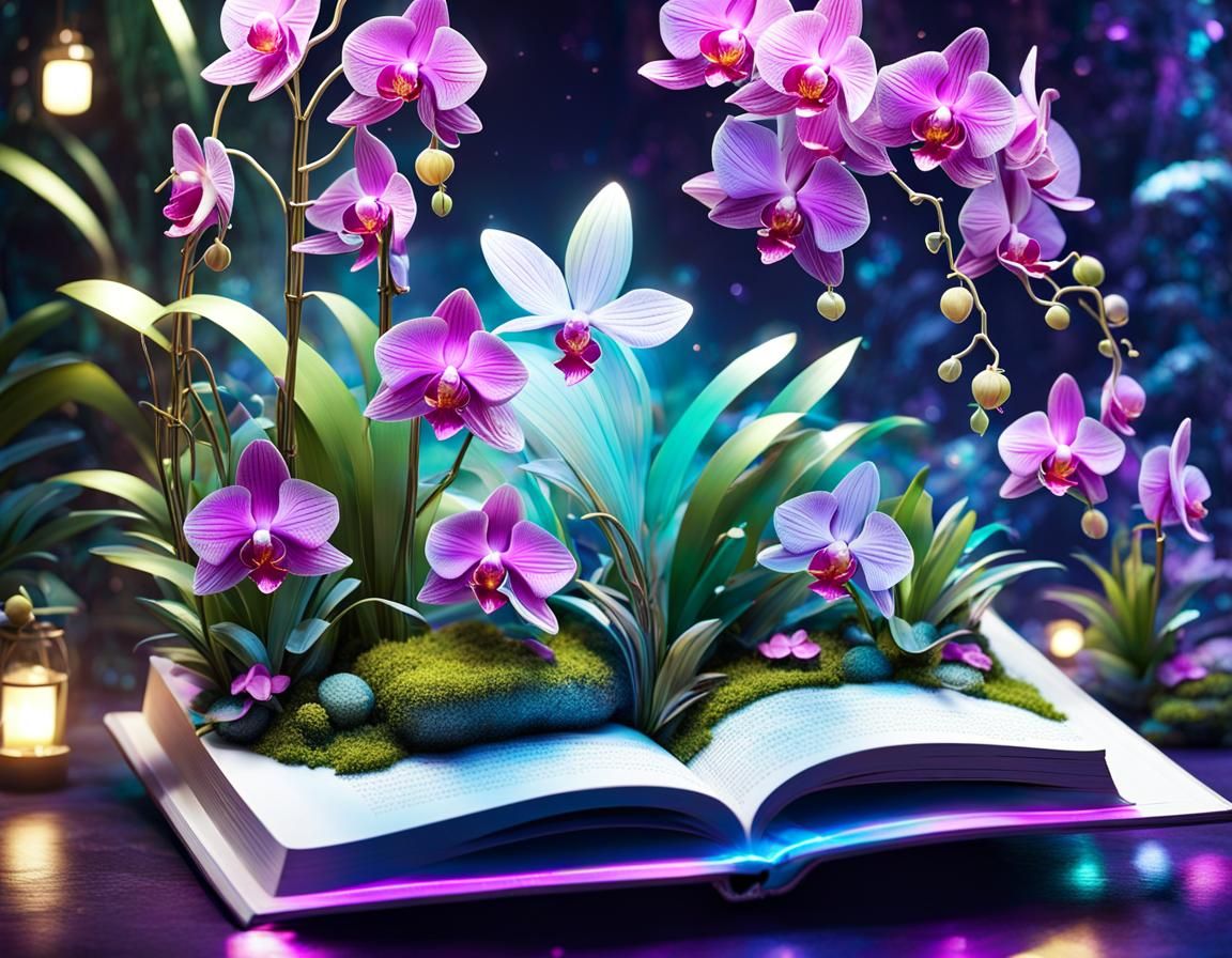 Orchid Garden Emerges from Book: 3D Fantasy Art
