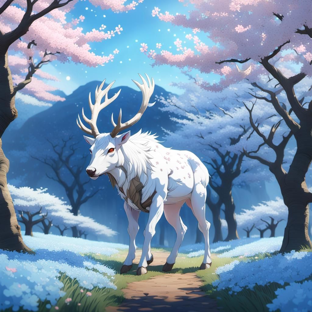 Fantastical White Stag in Cherry Blossom Orchard