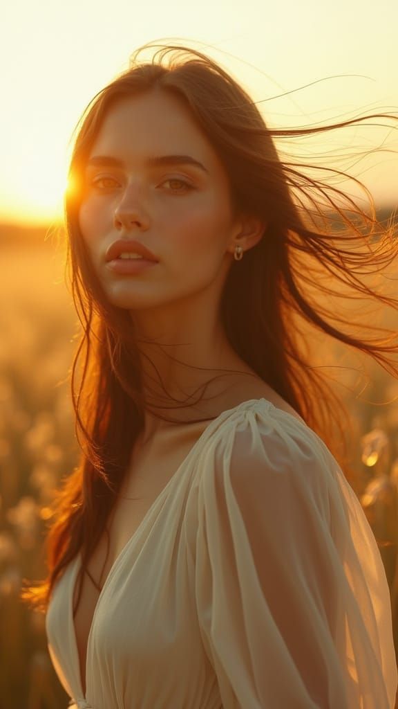 Woman in Golden Meadow with Soft Sunlight