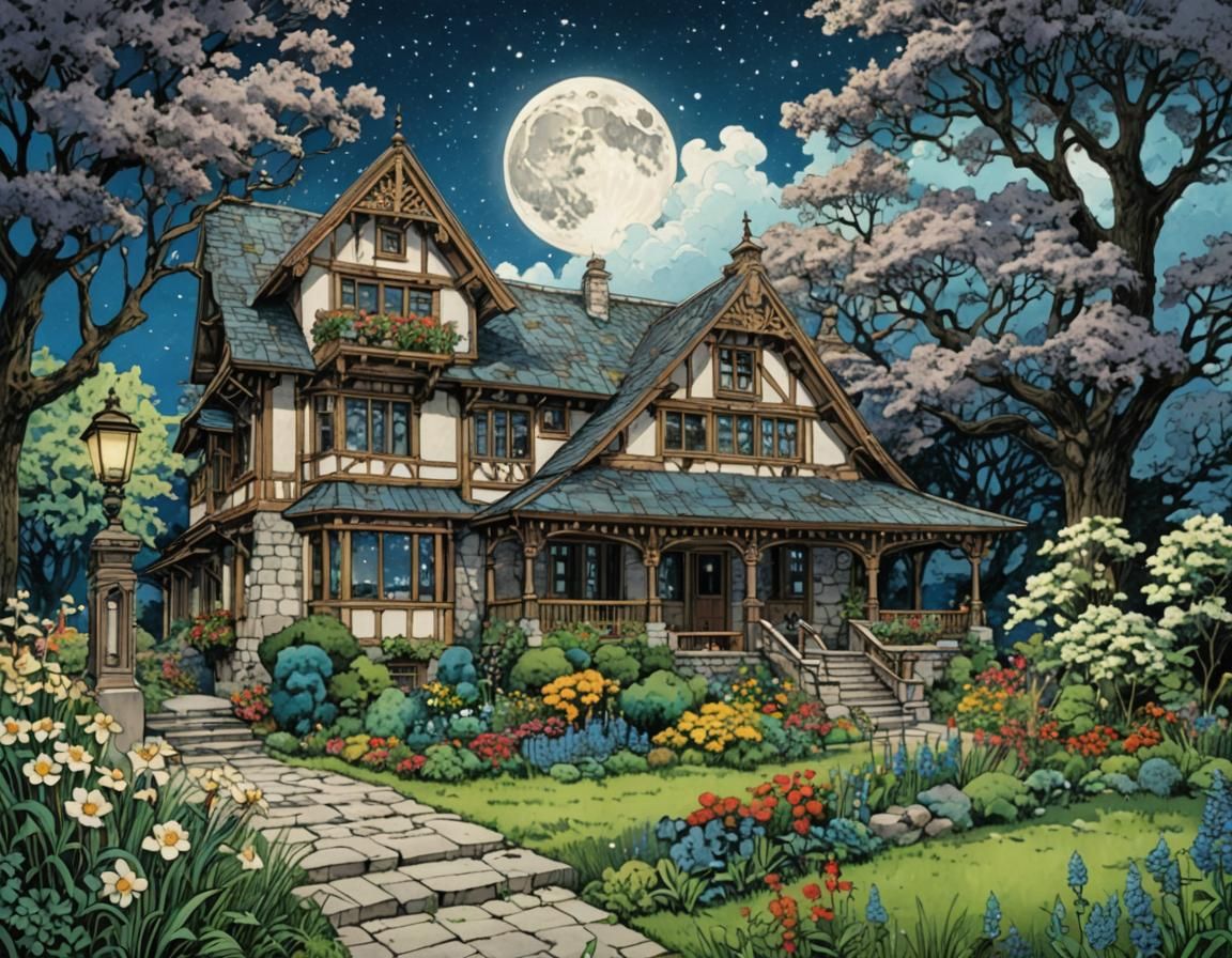 Whimsical Cottage Garden Inspired by Ghibli, Art Nouveau