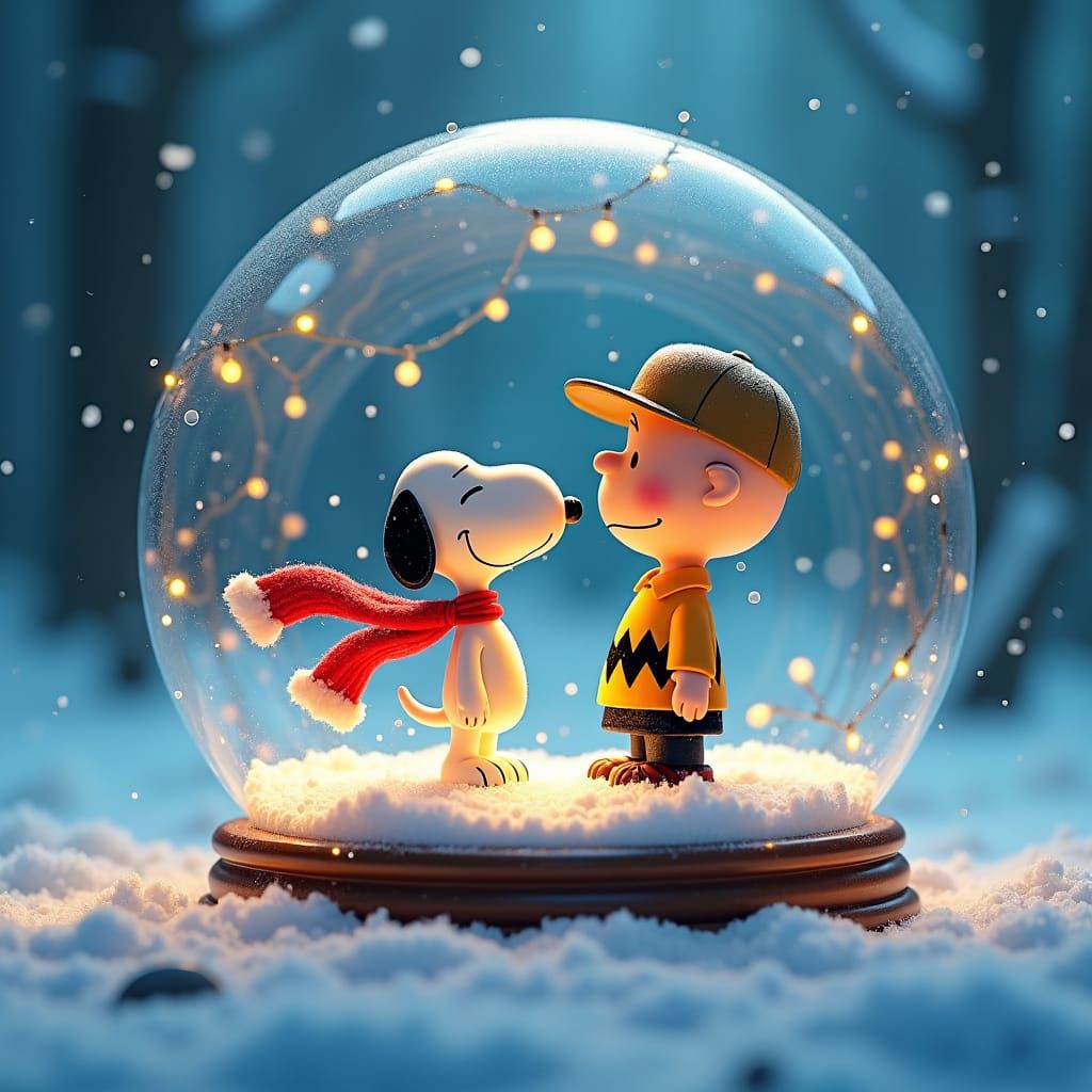 Whimsical Snow Globe Scene with Charlie Brown and Snoopy