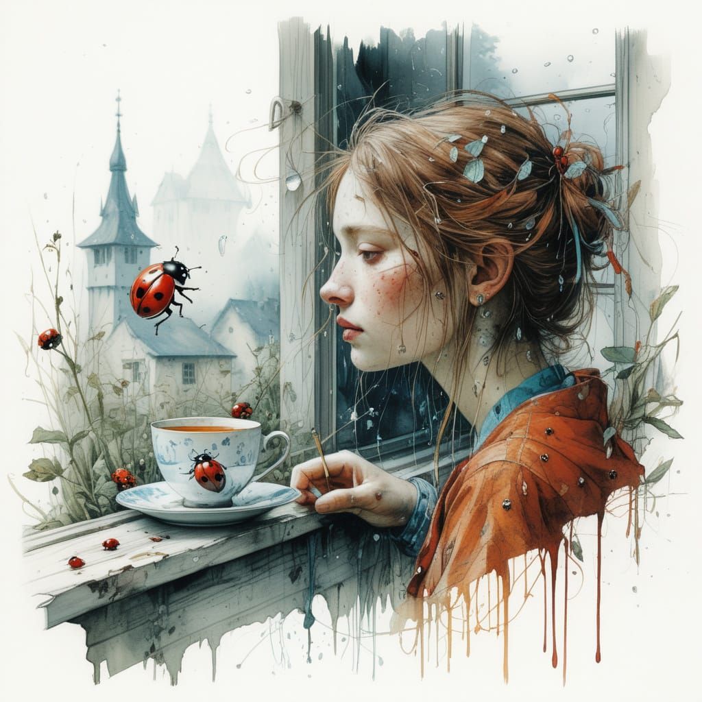 Fantasy Ladybug Enjoys Tea in Rainy Cottage