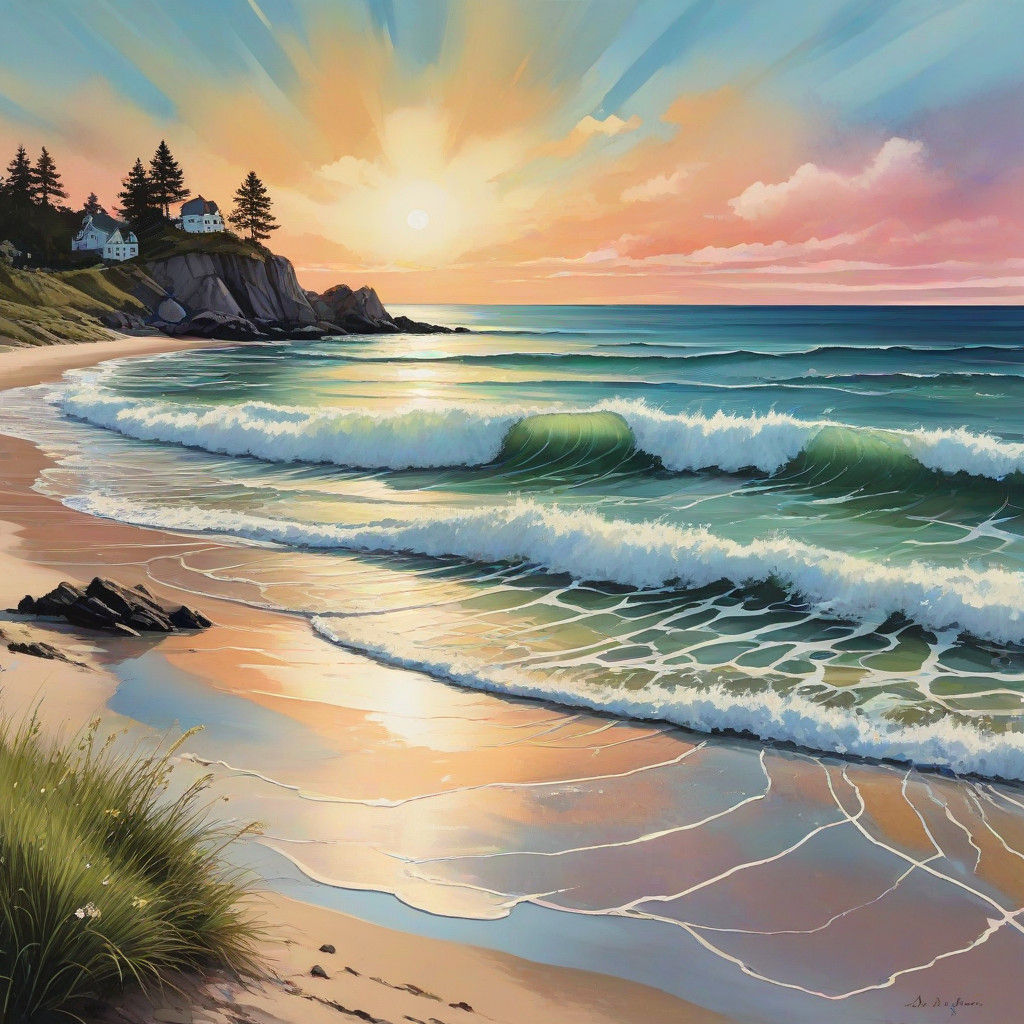 Vibrant Beach Scene in Whimsical Art Style