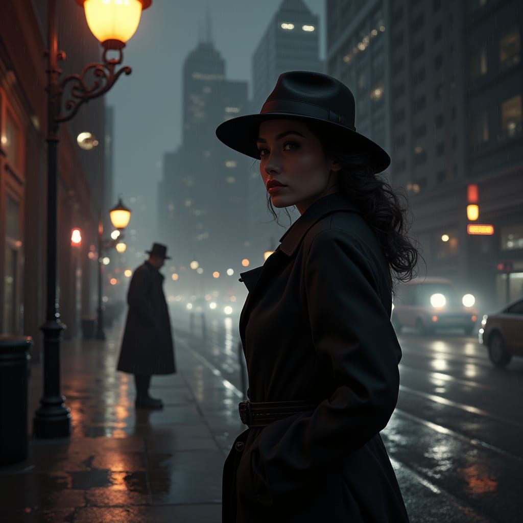 Mysterious Brunette in Rainy City Streets, Film Noir Style