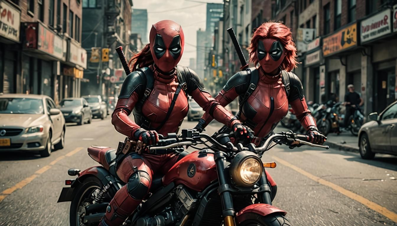 Lady Deadpool Rides Motorcycle: Cinematic Film Still