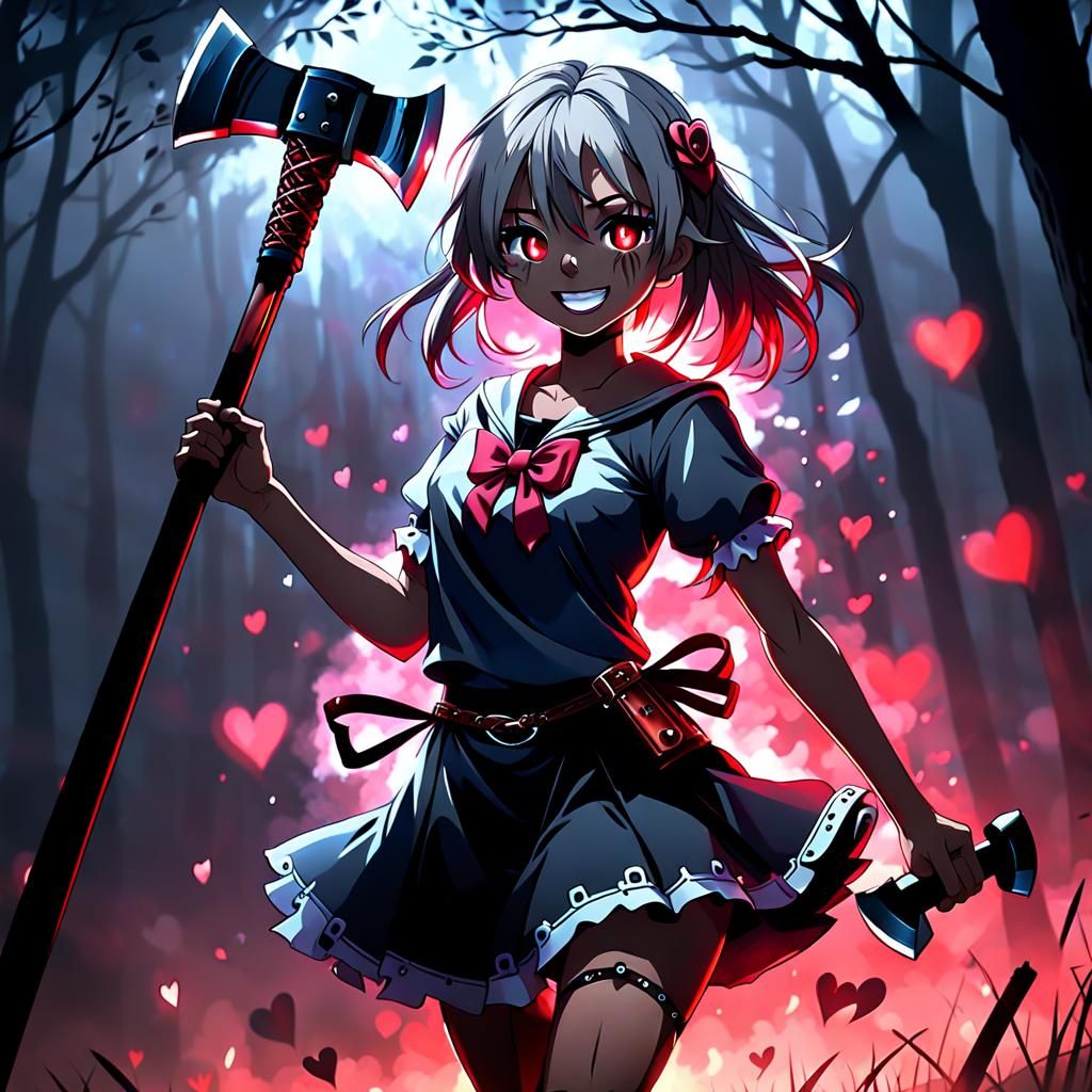 Anime Yandere Girl with Axe in Dark Fantasy Style