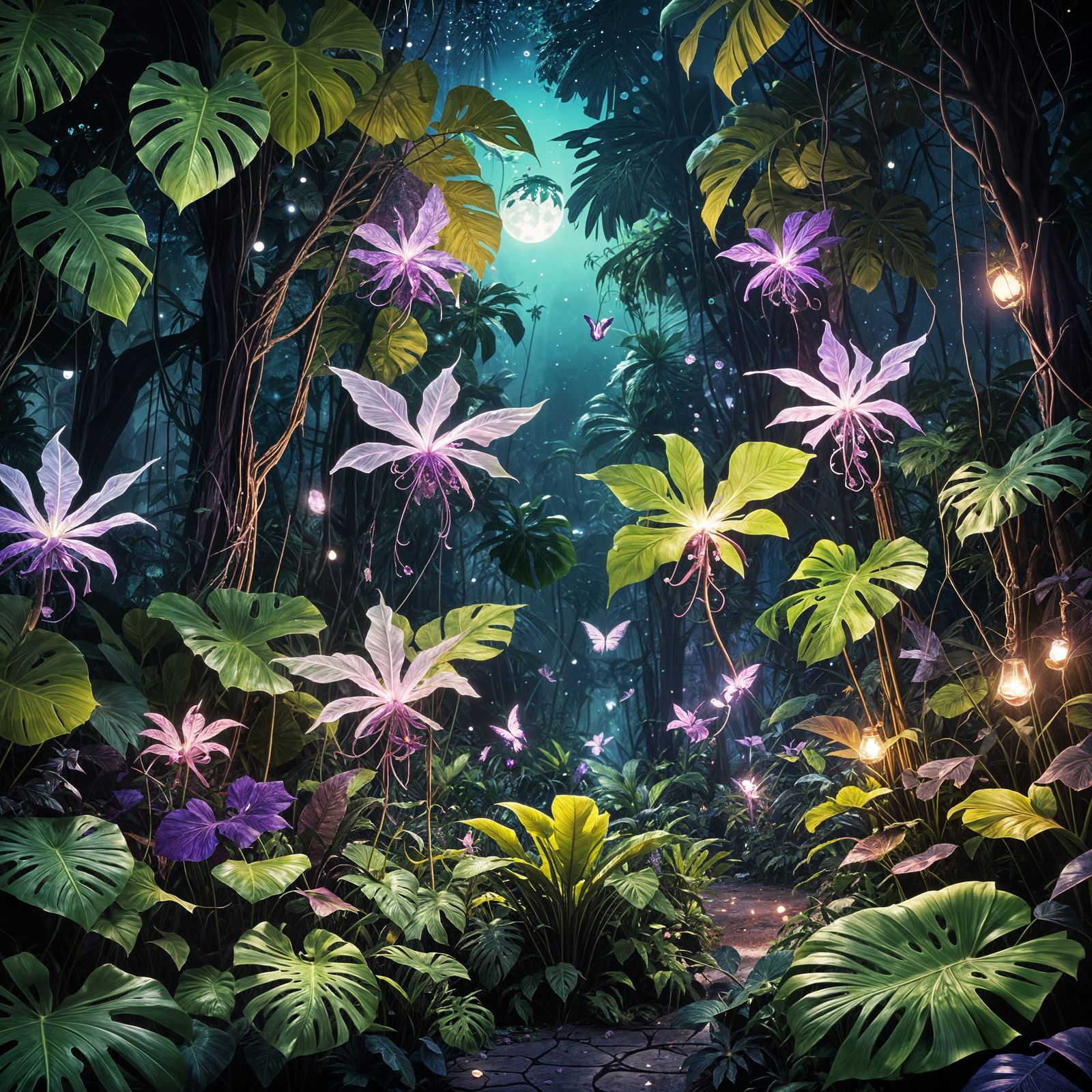 Enchanted Tropical Forest with Fairies and Crystals