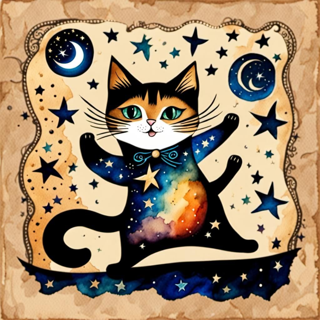 Dancing Cat Inspired by Starry Night in Watercolor