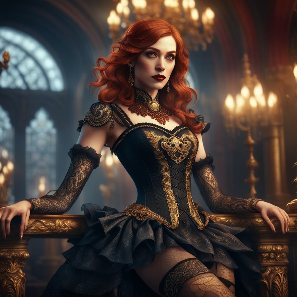 Auburn-Haired Lady in Black Bodice: Fantasy Art