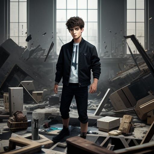 Powerful Boy Proudly Surveys His Creations