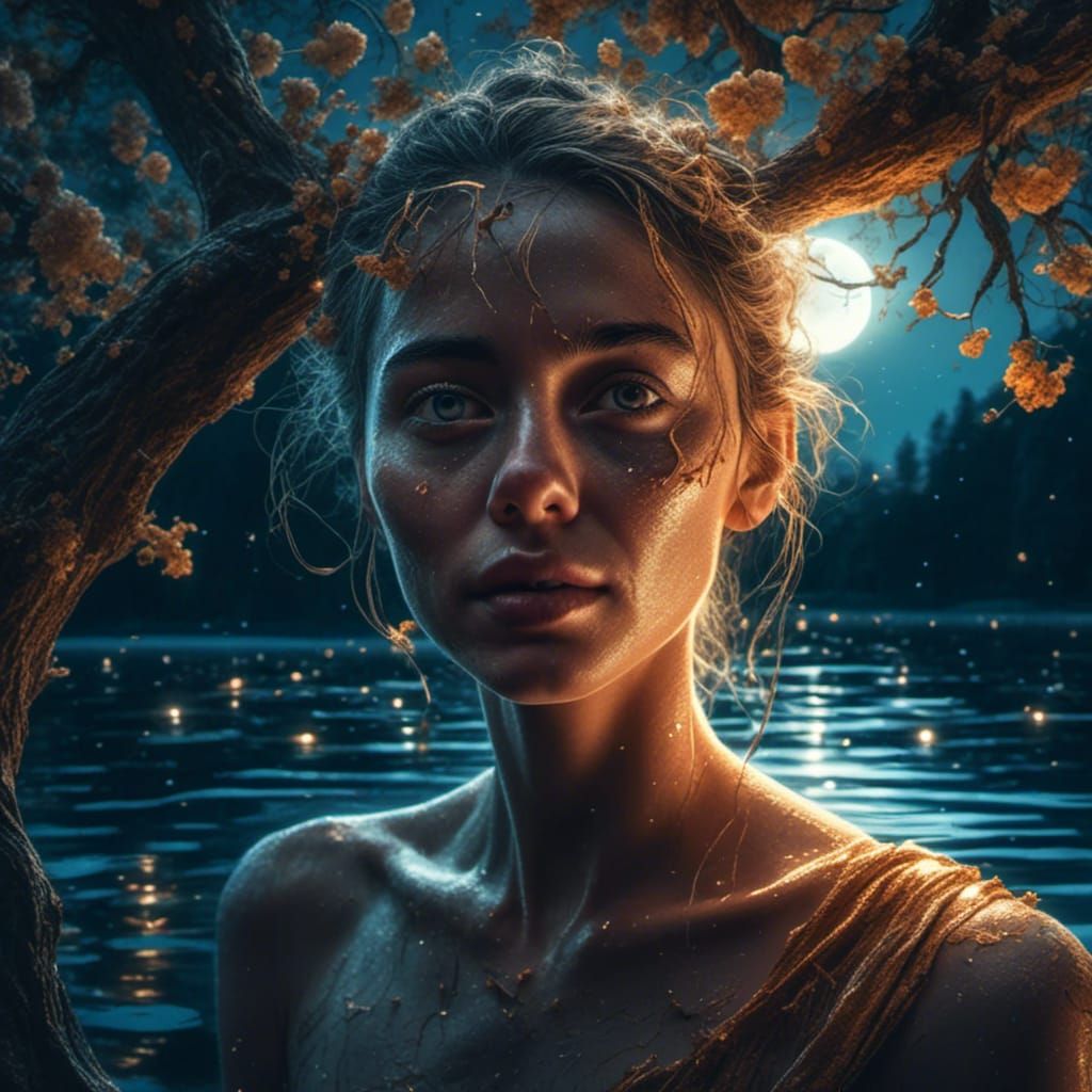 Happy Woman Skinny Dipping in Moonlight