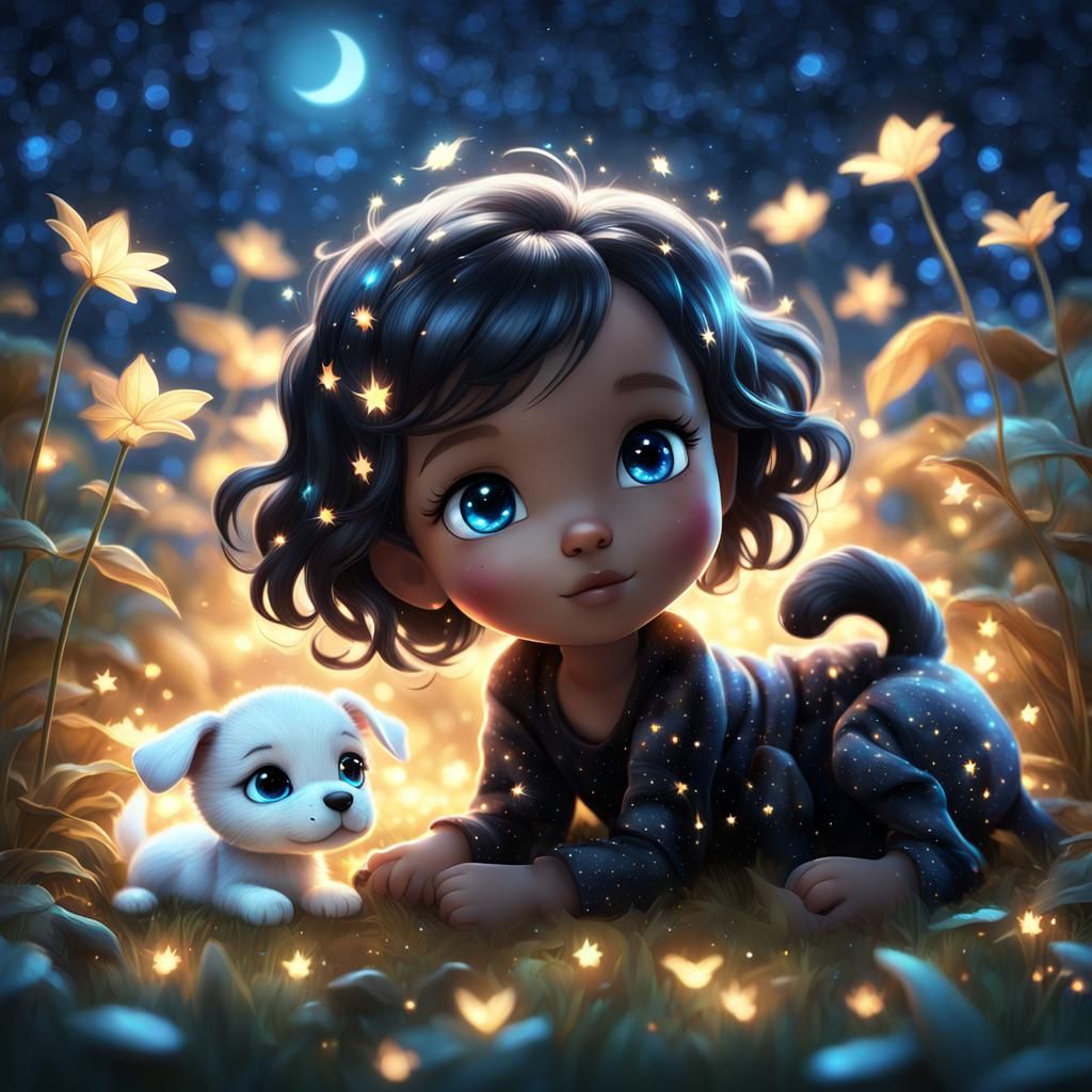 Chibi Toddler and Puppy Under Starry Sky