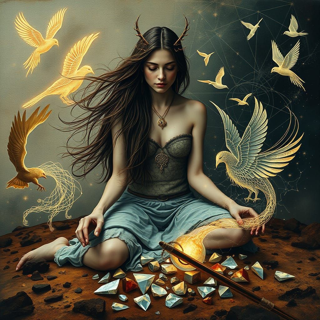 Serene Woman in a Dreamlike Landscape with Ethereal Creature...