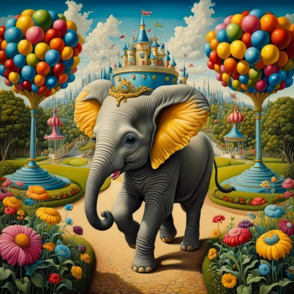 Baby Elephant in Surreal Pop Art Theme Park