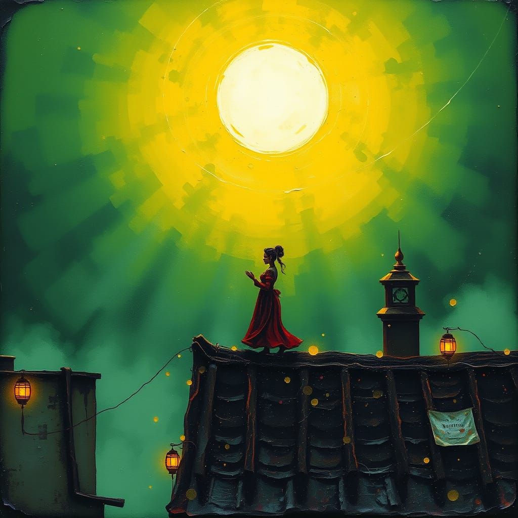 Surreal Bucolic Scene Under a Vibrant Green and Yellow Sky