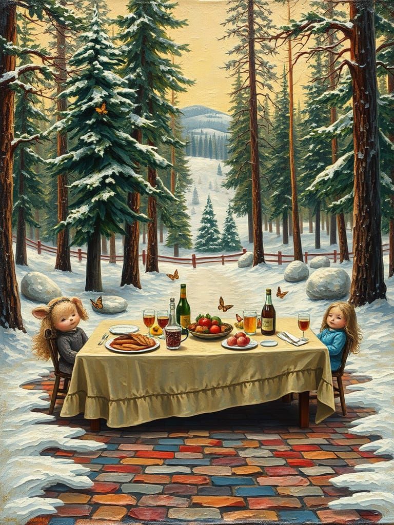 Winter Whimsy in Vibrant Evergreen Forest