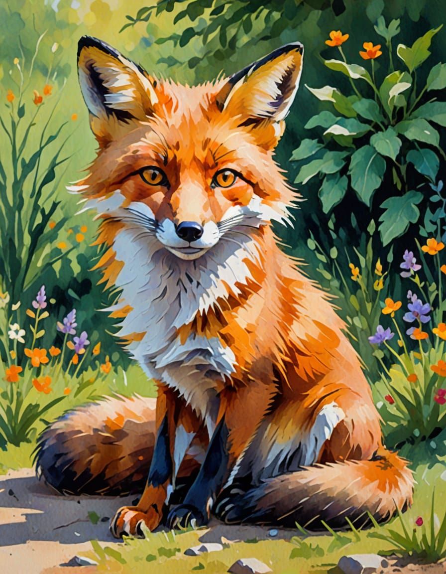 Relaxed Fox in Impressionist Gouache Style